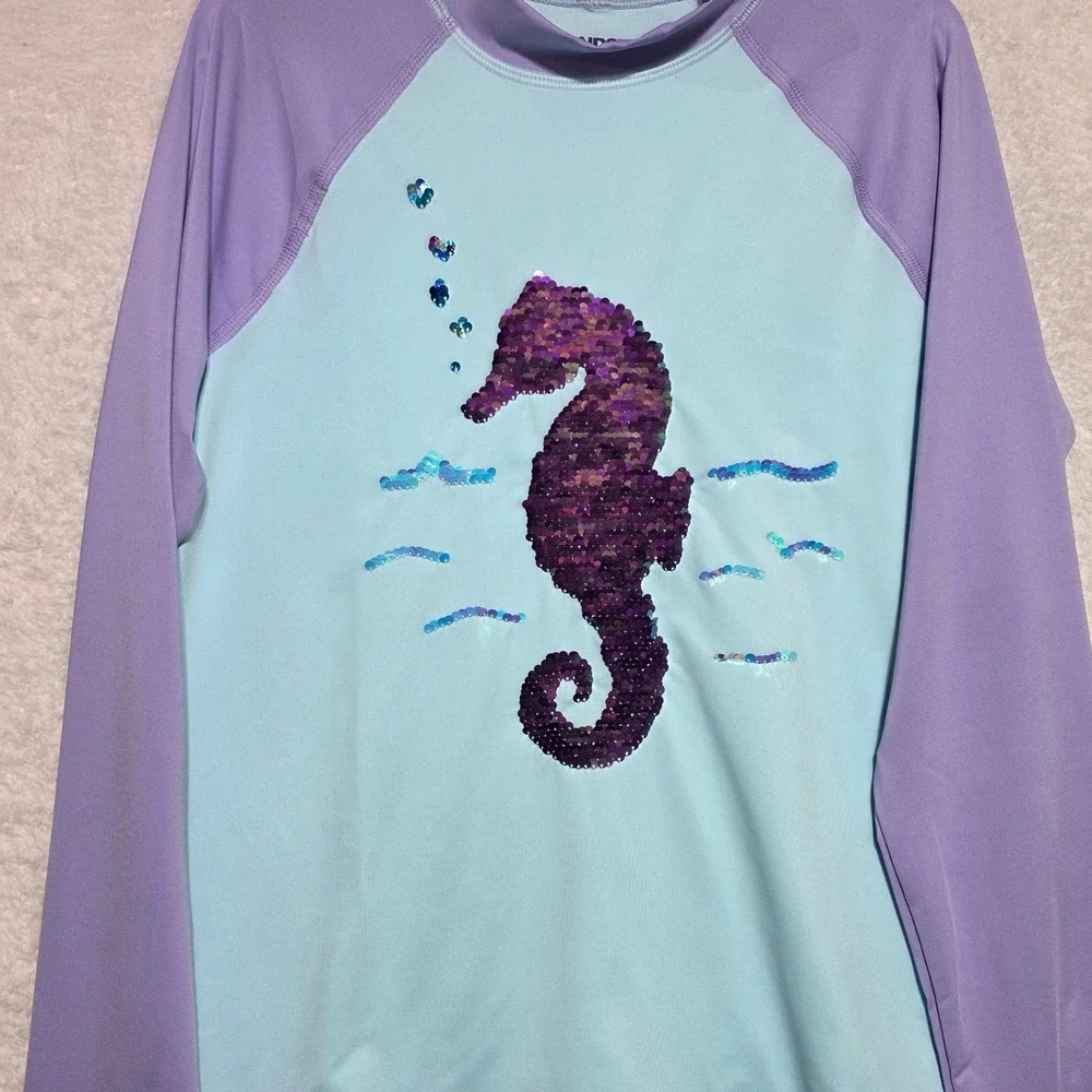 Lands End Girls XL 14-16 Seahorse Flip Sequin Rash Guard Swim Top Blue/Purple